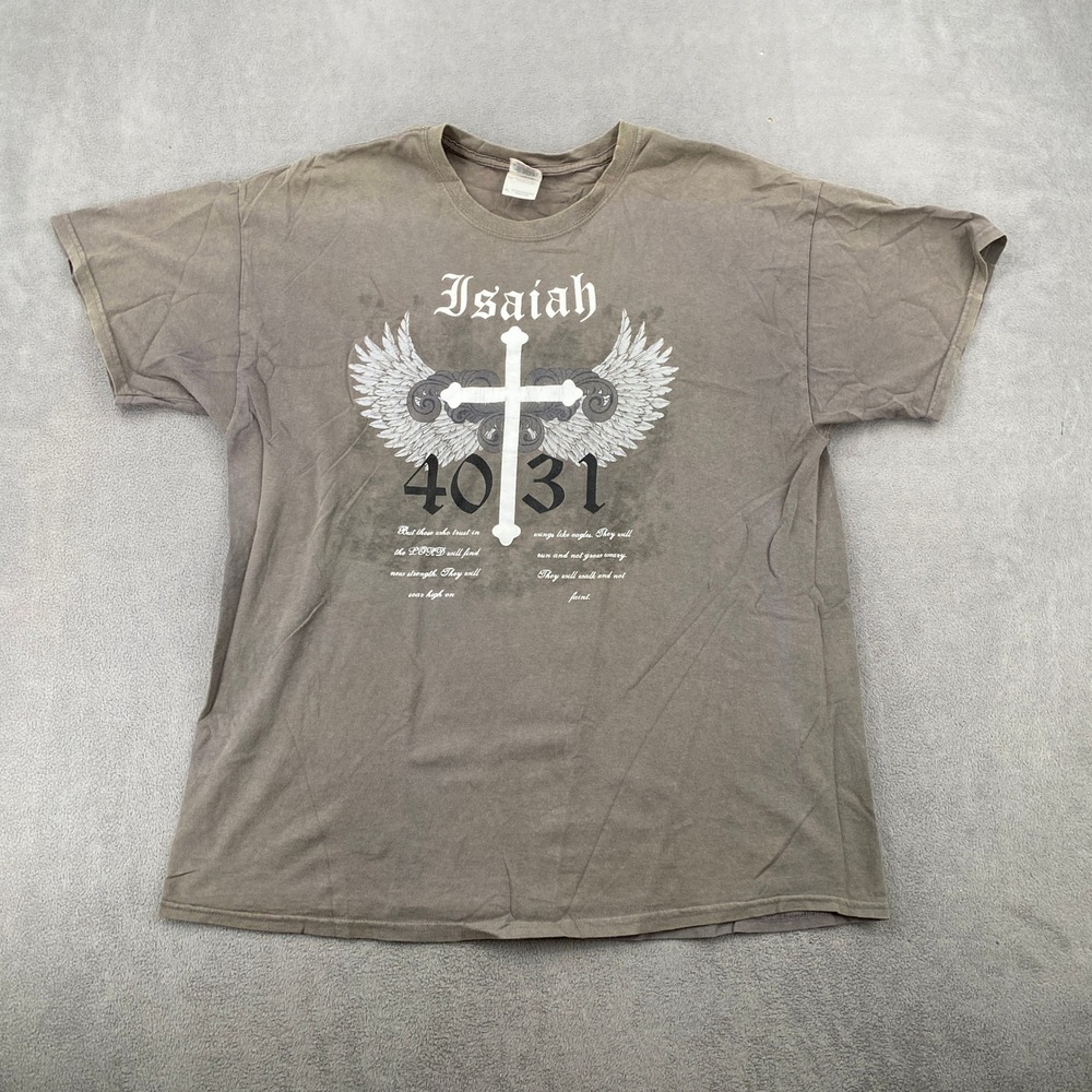 Gildan Isaiah 40:31 Christian Cross Wings Graphic T-Shirt Brown Y2K Grunge XL